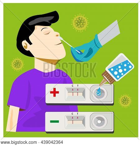 Illustration Of Covid Testing Equipment, Atk Test Set With A Nasal Swab. Reagent And Virus In The Ba
