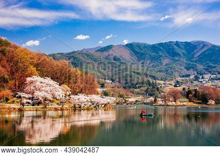 Chiyoda Lake, Kofu, Yamanashi, Japan with spring foliage.