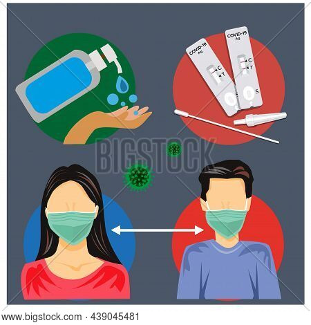Illustration Of Covid Testing Equipment, Atk Test Set With A Nasal Swab. Reagent And Virus In The Ba