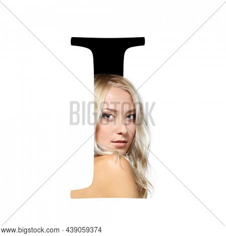 Letter I, concept alphabet design with beauty portrait of young attractive woman's face. Conceptual fashion fount