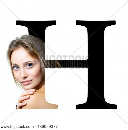 Letter H, concept alphabet design with beauty portrait of young attractive woman's face. Conceptual fashion fount