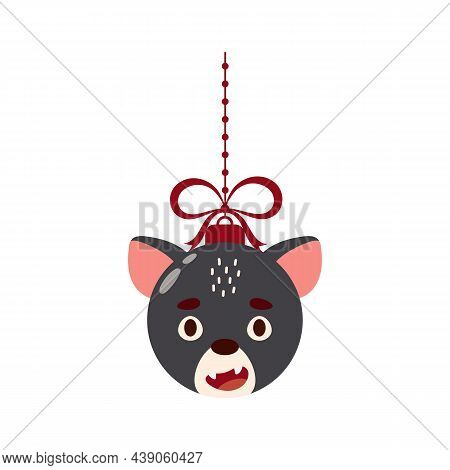 Merry Christmas And New Year Ball With Cute Tasmanian Devil. Cartoon Winter Holidays Animal Bauble. 