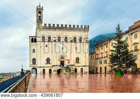 Consular palace. Piazza Grande is the city center. Rainy day. Italy. The antique city of Gubbio with a rich history and grandiose architecture. The city is located in the Umbrian mountains. 
