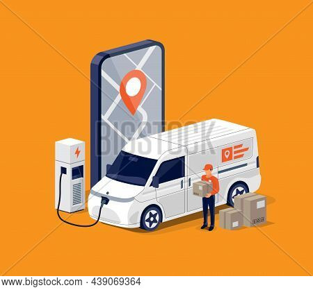 Electric Delivery Van Parcel Service With Man And Smartphone Tracking App