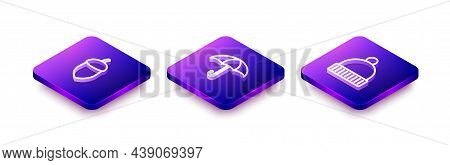 Set Isometric Line Acorn, Umbrella And Winter Hat Icon. Vector