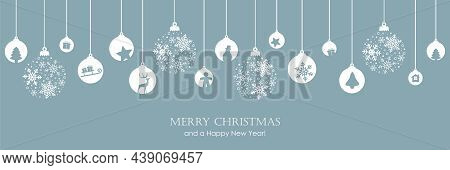 Merry Christmas Banner With Hanging Ball Decoratoin On White Background