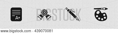 Set Exam Sheet With A Plus Grade, Medal, Pen And Paint Brush Palette Icon. Vector