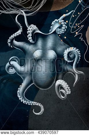 Vintage Octopus design, remix from original painting by Carl Chun