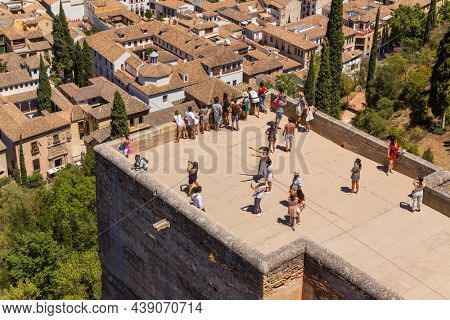 Granada, Spain, 12 August 2021: Alcazaba Tower view in the Alhambra Palace, Granada, Spain.