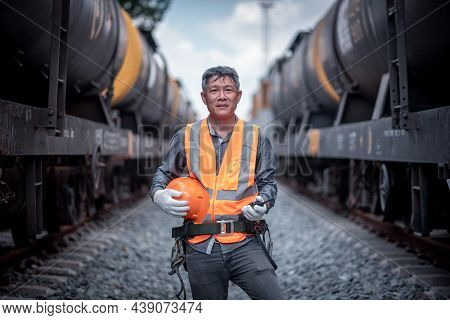 Engineer Railway Under  Checking Construction Process Train Testing And Checking Railway Work On Rai