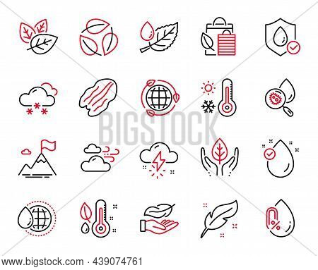 Vector Set Of Nature Icons Related To Eco Energy, Thunderstorm Weather And Leaves Icons. Leaf Dew, O