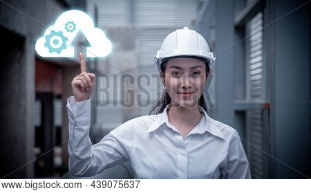 Portrait Smiler Engineer Factory Posing Finger Point On Cloud Icon To Connection In Global Informati