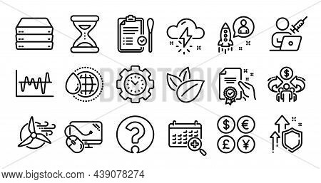 Time, Vaccination Appointment And Windmill Turbine Line Icons Set. Secure Shield And Money Currency 