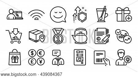 Parcel Tracking, Support Service And Statistics Line Icons Set. Secure Shield And Money Currency Exc