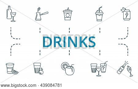 Drinks Icon Set. Collection Of Simple Elements Such As The Coconat Cocktail, Whiskey, 13, Turkish Co