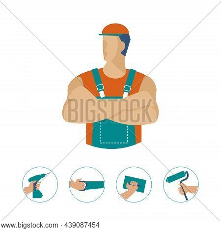 Master Builder And Icons Of Construction, Repair And Finishing Tools In His Hands. Vector Character 
