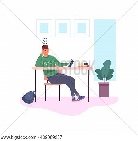 Bored Studying. Lazy Student With Textbook At Long Lecture, Vector Illustration Isolated On White Ba