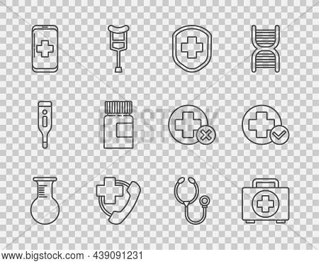 Set Line Test Tube And Flask, First Aid Kit, Medical Shield With Cross, Emergency Phone Call To Hosp