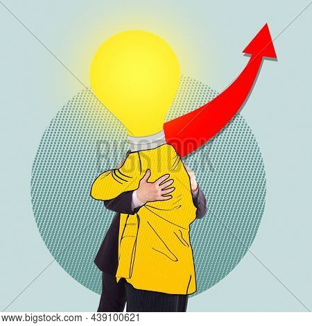 Business idea, its implementation and income growth, joining efforts, teamwork, correct strategy, success concept. Contemporary art collage with embrasing successful bisnessmen, comics style. 