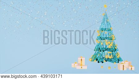 3d Render Of Abstract Green Christmas Tree With Gold Balls And Confetti On Blue Background.