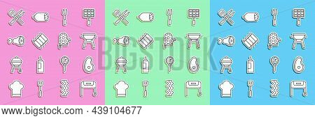 Set Line Barbecue Grill, Steak Meat, Fork, Grilled Pork Bbq Ribs, Chicken Leg, Crossed And Spatula A