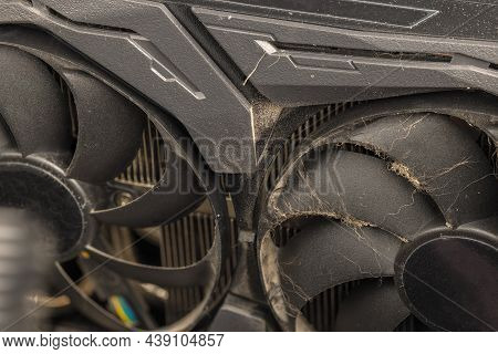 Dusty Black Pro Gaming Graphic Card Fan Blades With Dust Layer, Airborne Fur And Hairs Close-up.
