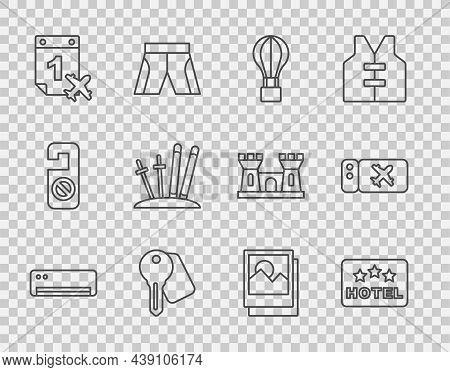 Set Line Air Conditioner, Signboard With Text Hotel, Air Balloon, Door Lock Key, Calendar And Airpla
