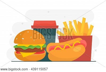 Set Of Fast Food Products. Harmful Food, Delicious Collection. French Fries, Burger, Hot Dog, Sweet 