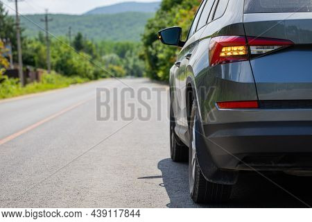 Gray Car Driving On Asphalt Road, Countryside.