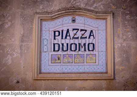 Street Sign Piazza Doumo In The City Of Matera Italy - Matera, Italy - October 30, 2021