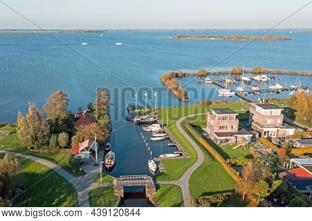 Aerial from the harbor from Oosterzee at Tjeukemeer in Friesland the Netherlands
