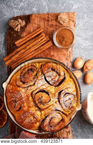 Cinnabon Cinnamon Rolls Buns With Pumpkin, Nut, Caramel And Sugar Cream Iced. Top View. Sweet Homema
