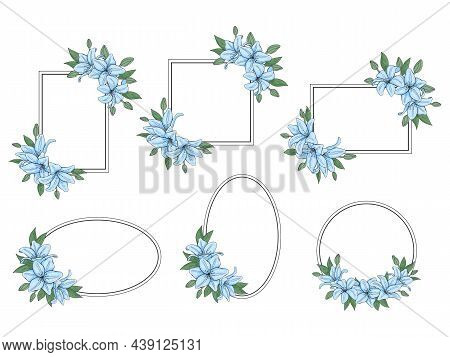 Set Of Simple Rames With Hand Drawn Flowers. Vector Illustration. Isolated On White.