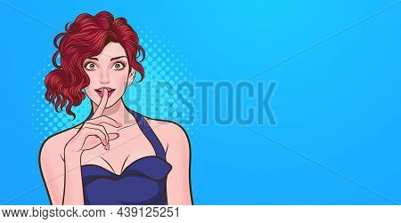 Smile Woman With Finger On Lips Silence Gesture Pop Art Comic Style