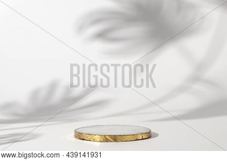 Marble Podium With Gold On The White Background With Shadow Of Tropical Plant. Podium For Product, C