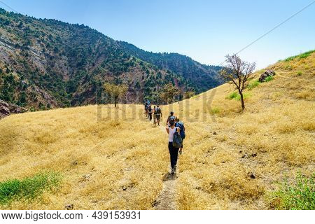 August 25, 2016, Shirkent, Tajikistan: A group of tourists on a trail in Hissar Valley in Tajikistan