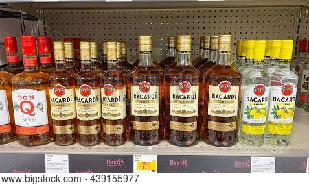 A Display Of Bottles Of Bacardi Gold Rum With Background Bokeh At A Binneys Liqour Store In Springfi