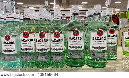 A Display Of Bottles Of Bacardi Rum Superior With Background Bokeh At A Binneys Liqour Store In Spri