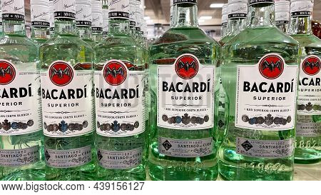 A Display Of Bottles Of Bacardi Rum Superior With Background Bokeh At A Binneys Liqour Store In Spri