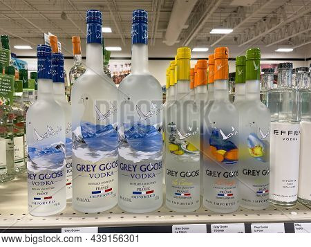 A Display Of Bottles Of Grey Goose Vodka  With Background Bokeh At A Binneys Liqour Store In Springf