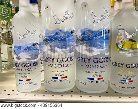 A Display Of Bottles Of Grey Goose Vodka  With Background Bokeh At A Binneys Liqour Store In Springf