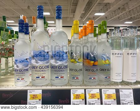 A Display Of Bottles Of Grey Goose Vodka  With Background Bokeh At A Binneys Liqour Store In Springf