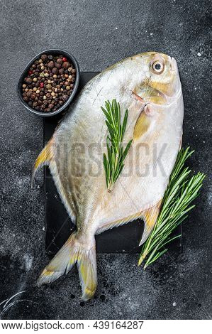 Raw Fish Pompano With Herbs On A Marble Board. Black Background. Top View