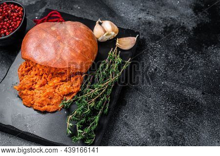 Balearic Sobrassada Cured Meat Sausage From Ground Pork, Paprika And . Black Background. Top View. C