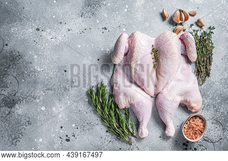 Raw Spatchcock Chicken Meat With Garlic And Thyme. Gray Background. Top View. Copy Space