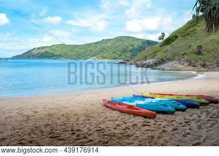 Yanui Beach Phuket Thailand, Tropical Beach With The Blue Ocean In Thailand. White Golden Sand And P