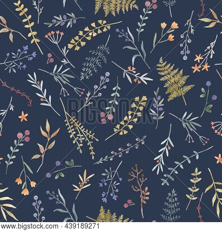 Beautiful Vector Floral Seamless Pattern With Cute Watercolor Hand Drawn Wild Flowers. Stock Illustr
