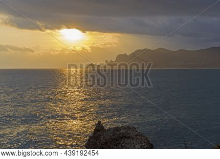 Sunset Over The Black Sea. View From Cape Alchak, Sudak, Crimea.