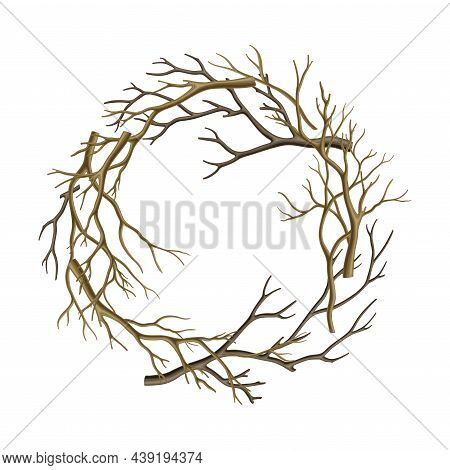 Bare Tree Branch Entangled In Round Wreath Vector Illustration