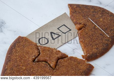 Kiev Ukraine - October 2021 Squid Game Invitation Card Star Shape Homemade Sugar Candy. Playing Kore
